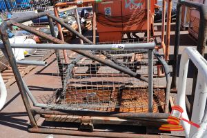 OPEN METAL FRAME WITH LOOSE METAL ATTACHMENTS, APPROX; 1.9M W X 1M W X 1.2M H, SOME MARKS/RUST