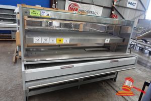 38 · MAE PRODUCTS & SERVICES MULTI TIER HEATED DISPLAY CASE WITH HEAT LAMPS, SILVER. MODEL: GLAS1875S, SN:10242, 3 PHASE HARD WIRED. APPROX 1925 X 950 X H1380MM. USED - AVERAGE POOR CONDITION, POSSIBLY INCOMPLETE, UNTESTED. SOME MARKS/DAMAGE