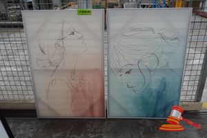 2 X FRAMED ARTWORKS, LINE DRAWING PORTRAITS WITH WATERCOLOR WASH, APPROX; 590MM W X 910MM H, SOME MARKS