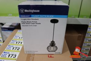 169 · WESTINGHOUSE MINI PENDANT LIGHT, MATTE BLACK FINISH WITH STEEL CAGE SHADE, ADJUSTABLE CORD LENGTH UP TO 50", HEIGHT: 61.12", DIAMETER: 7.80", CODE: 6103435
