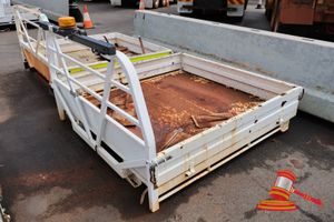 27 · METAL UTE TRAY, APPROX; 1.9M W X 1.8M L X 1.2M H, CONTAINS MUDFLAPS, AND WORK LIGHTS, SOME MARKS/RUST
