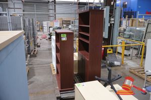 9 · 1 X BOOKCASE, TIMBER VENEER, 4 SHELF L920 X W330 X H1350 (SOME MARKS) 1 X BOOKCASE, TIMBER VENEER, 5 SHELF WITH CABINET BASE , L900 X W320 X H1800 (SOME MARKS)