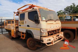 10 · 2014 Mitsubishi Fuso Flat Bed Truck White, Manual, Diesel Reg #: Unlicensed ODO: Not Sighted VIN: JLFFGB71E0KJ00015 Features: Mudflaps, Snorkel, Storage Box, Bullbar, Kevrek K1500 Crane. (Asset # LT1058), (*Key # 249, WP#4748*) Condition: **Front Grill Missing, Rust Across vehicle, Dash Missing/Apart, Clarion Screen.** Panel: FAIR, Paint: FAIR, Glass: FAIR, Tyres: FAIR Dash: POOR, Upholstery: POOR, Floor: POOR Overall Condition: FAIR