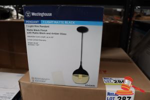 286 · WESTINGHOUSE MINI PENDANT LIGHT, MATTE BLACK FINISH WITH MATTE BLACK AND AMBER GLASS, ADJUSTABLE CORD LENGTH UP TO 50", HEIGHT: 65.55", DIAMETER: 7.87", CODE: 6345935
