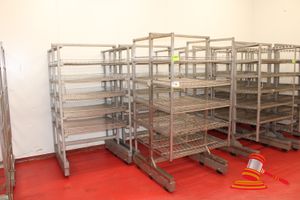 76 · 3 X ASSORTED STAINLESS STEEL 5 TIER MOBILE HANGING/DRYING TROLLEYS. APPROX 1010 X 1010 X H1940-2000MM