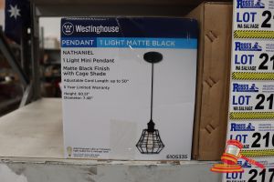 220 · WESTINGHOUSE MINI PENDANT LIGHT, MATTE BLACK FINISH WITH CAGE SHADE, ADJUSTABLE CORD UP TO 50:, HEIGHT: 60.51", DIAMETER: 7.48", CODE: 6105335