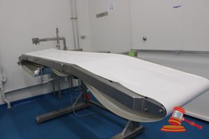 7 · STAINLESS STEEL SLICER TO MULTIVAC FEED ON CONVEYOR. 3 PHASE (PLUG). MOBILE - 1 DIRECTIONAL (CASTOR WHEELS SIEZED/STUCK) - 1 X CONVEYOR ROLLER U/S. APPROX 3500 X 1350 X H1500MM. BELT WIDTH APPROX 560MM. NOTE: REMOVED FROM SERVICE 24TH JULY 2026