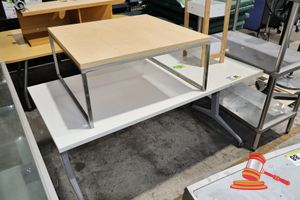 89 · 1 X FOLDABLE WHITE LAMINATE TABLE ON WHEELS APPROX 2000MM X 750MM , 1 X SMALL LADDER SHELF UNIT WHITE/NATURAL TIMBER, APPROX 1 M HEIGHT, 1 X LOW TIMBER LAMINATE TABLE WITH METAL FRAME, APPROX 1.2M X 1.2M