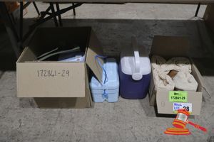28 · BUNDLE OF ASSORTED BAGS, SMALL BLUE COOLERS/ESKY, 2 X POLYFOAM 2.5L JUG, ETC