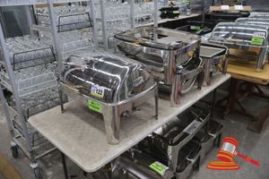 122 · 4 X ASUNNEX STAINLESS STEEL CHAFING DISHES, FULL SIZE, ROLL TOP LID, GOLDEN COLOUR HANDLE, APPROX 600MM, 2 WITH TRAYS
