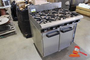 8 · BLUE SEAL MOFFAT TURBO FAN OVEN WITH 6 BURNER GAS COOKER, NOTE SIDE PANEL MISSING