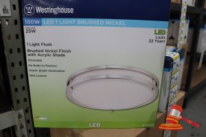 162 · WESTINGHOUSE LED FLUSH LIGHT, BRUSHED NICKLE FINISH WITH ACRYLIC SHADE, DIMMABLE, HEIGHT: 3.5", DIAMTER: 15.75", 100W, CODE: 6401235