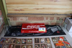 18 · 1 X COCA-COLA BRANDED PLASTIC CRATE, RED, 4 X COCA-COLA GLASS, 1 X COCA-COLA BRANDED BAR MAT, BLACK (SOME MARKS)