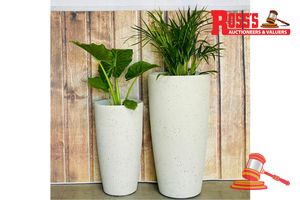 59 · Pair of Cream Stone/Sparkling White/Cream Terrazzo Planters - Size: 23 x 42 cm each, RRP $100 Create a stylish designer display from the 2003 Tolly Stone Pot range, featuring a tall round tapered planter with a rough stone finish, this range brings a clean, contemporary look to homes, patios, courtyards, entryways and landscaped spaces. Constructed from stone-resin composite: 50% stone, 45% high-density resin and 5% fibreglass, it combines practical lightweight handling with a premium look. It i