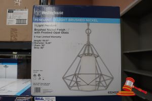 WESTINGHOUSE PENDANT LIGHT, BRUSHED NICKLE FINISH WITH FROSTED OPAL GLASS, HEIGHT: 19.37", DIAMETER: 15.91", CHAIN: 36", WIRE: 36", CODE: 6324535