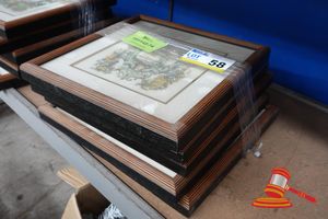 5 X FRAMED DECORATIVE PRINTS, BAROQUE STYLE CARTOUCHE DESIGNS WITH LANDSCAPE SCENES, FLORAL AND FIGURAL SURROUNDS, WOODEN FRAMES WITH GILT MOUNTS (SOME MARKS )