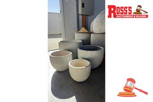 Matching set of 4 Light Grey Planters - Sizes: 24 x 20 cm, 30 x 25 cm, 36 x 30 cm, 45 x 36 cm, RRP $340 Create a stylish designer display from the Pleated Round Planter range, featuring a rounded pleated planter with a sculptural pleated finish, this range brings a clean, contemporary look to homes, patios, courtyards, entryways and landscaped spaces. Constructed from lightweight fibreglass-clay construction, it combines practical lightweight handling with a premium look. It is designed for indo