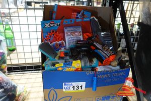 1 X BOX OF MIXED TOYS AND NOVELTY ITEMS, INCLUDES: ZURU X-SHOT INSANITY BLASTER SET, PLAY-DOH, NERF GUNS, TOOTH REPLACEMENT KIT