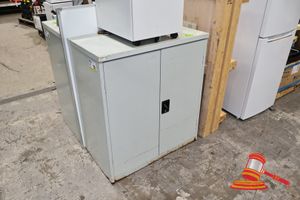 70 · 1 X WHITE METAL CABINET, 2 DOOR, WITH WHITE METAL FILING CABINET, 3 DRAWER, 1 X WHITEBOARD APPROX 1200MM X 750MM (SOME MARKS)