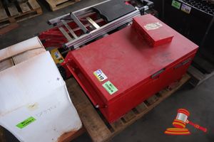 110 · 1 X TOOLVAULT TOOL CHEST, AUSTRALIAN MADE, APPROX; 85CM L X 50CM W X 45 CM H, (SOME MARKS, INCLUDES: ASSORTED CABLE SPOOLS, TAPE, HARDWARE ITEMS, ON A PALLET)