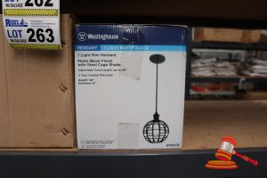 265 · WESTINGHOUSE MINI PENDANT LIGHT, MATTE BLACK FINISH WITH STEEL CAGE SHADE, ADJUSTABLE CORD LENGTH UP TO 50", HEIGHT: 58", DIAMETER: 8", CODE: 6105035