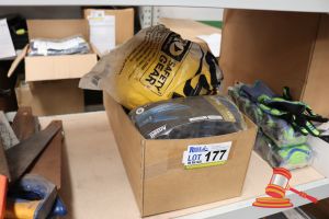 177 · BOX WITH GLOVES, SIZE: 8 AND YELLOW HARD HATS