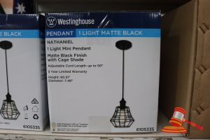 154 · WESTINGHOUSE MINI PENDANT LIGHT, MATTE BLACK FINISH WITH CAGE SHADE, ADJUSTABLE CORD LENGTH UP TO 50", HEIGHT: 60.51", DIAMTER: 7.48", CODE: 6105335