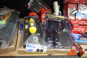 1 X Box Of Mixed Hand Tools And Accessories, Includes: Daytona Arc Mini Pick & Hook Set 160mm, Ratchet Puller Metric, Full Boar Chainsaw Chain 14" .043" Gauge 3/8" Pitch 52 Drive, Tow Strap, Twine, Adjustable Wrenches, Carabiners, Trowel And Various Other