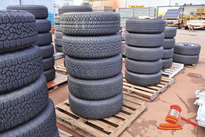 49 · 5 X TYRES INCLUDES; MICHELIN LTX A/T, LT275/70R18, SILVER RIMS, 8 HOLE, AND GOODYEAR WRANGLER TRAIL RUNNER A/T, LT275/65R20, 126/123S, WITH BLACK RIMS, SOME MISSING CENTRAL HUB CAP, POSS OTHERS, ON A PALLET
