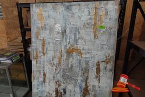 1 X Canvas Painting, Abstract Design, Grey/White/Beige With Gold Metallic Accents, Wooden Frame, Approx; 1.5m W X 2m H, Some Marks