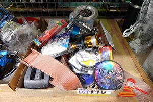ASSORTED FISHING EQUIPMENT, INCLUDING REELS ,HOOKS, LINE , LURES AND DIVE BELT WITH WEIGHTS