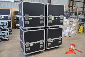 4 X GIG GEAR AUSTRALIA MOBILE ROAD CASE (BLACK) WITH CUSTOM INTERNAL PARTITIONING. USED FOR STORAGE OF HALO SCREENS. LAMINATED PLYWOOD CONSTRUCTION. CASE DIMENSIONS 780 X 875 X H930MM