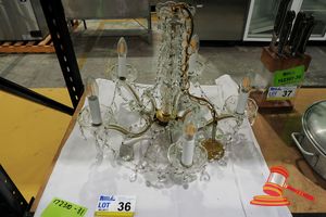 36 · ITALIAM MADE CRYSTAL CHANDALIER WITH LED LIGHTS. APPROX WIDTH 500MM X HEIGHT 550MM. CHAIN LENGTH .APPROX 500MM.