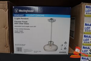 300 · WESTINGHOUSE LIGHT PENDANT, CHROME FINISH WITH CLEAR GLASS, ADJUSTABLE CORD LENGTH UP TO 50", HEIGHT: 58.88", DIAMETER: 9.41", CODE: 6345835