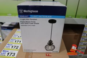 176 · WESTINGHOUSE MINI PENDANT LIGHT, MATTE BLACK FINISH WITH STEEL CAGE SHADE, ADJUSTABLE CORD LENGTH UP TO 50", HEIGHT: 61.12", DIAMETER: 7.80", CODE: 6103435