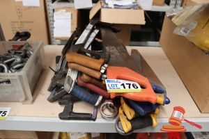 176 · BUNDLE WITH ASSORTED HAND SAWS, SPANNERS, CLAMPS ETC