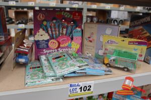 BUNDLE OF TOYS INCLUDING: TOY TRUCK, STACKING GAME, SWEET SCENTED PENCIL PACKS AND COLOURING PENCILS, ALL UNOPENED