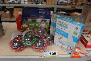 BUNDLE OF TOYS INCLUDING: 2x PROPELLER ENGINES, YO-YOS, SWING SETS, ALL UNOPENED