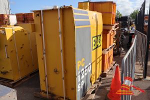 1 X Diesel Fuel Tank Pc1250 Sp , Yellow, With Perforated Top Panels And Mounting Brackets, Diesel Fuel Label Visible, Dims L1400 X W1200 X H1800 (Some Marks/ Rust / Used)