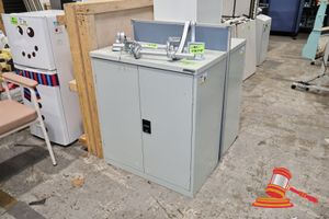 69 · 1 X METALUX 2 DOOR CABINET APPROX 800MM H , 2 X ARTICULATED SCREEN MOUNT ARMS, INCLUDES: C-CLAMP MOUNT, (SOME MARKS)