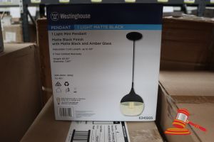 226 · WESTINGHOUSE MINI PENDANT LIGHT, MATTE BLACK FINISH WITH MATTE BLACK AMBER GLASS, ADJUSTABLE CORD LENGTH UP TO 50", HEIGHT: 65.55", DIAMETER: 7.87", CODE: 6345935