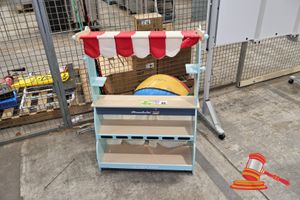 1 X Honeybake Play Shop Stand, Light Blue, With Red And White Striped Awning, 1 X Large Beach Ball Exercise Ball Multi-Coloured, 1 X Play Ironing Board, 6 X Small Fishing Rods, 2 With Reels
