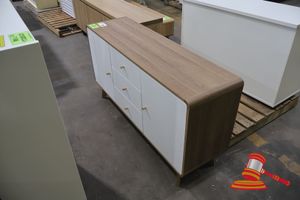 15 · 1 X SIDEBOARD, WHITE AND TIMBER FINISH, 2 DOOR 3 DRAWER, L1400 X W400 X H750 (SOME MARKS)