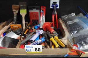 80 · TRAY OF ASSORTED TOOLS, INCLUDES: KNIPEX BOLT CUTTERS, PERFORMANCE TOOLS 4 PIECE HOOK & PICK SET, VARIOUS PLIERS, WRENCHES, SCREWDRIVERS, HAMMERS, SOCKETS, SPRAY CANS, NAIL PUNCH (SOME USED)