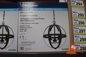 298 · WESTINGHOUSE 3 LIGHT CHANDELIER, OIL RUBBED BRONZE FINISH WITH HIGHLIGHTS, HEIGHT: 17.28", DIAMETER: 15.04", CHAIN: 36", WIRE: 36", CODE: 6341835