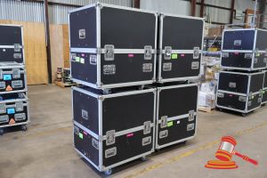 4 X GIG GEAR AUSTRALIA MOBILE ROAD CASE (BLACK) WITH CUSTOM INTERNAL PARTITIONING. USED FOR STORAGE OF HALO SCREENS. LAMINATED PLYWOOD CONSTRUCTION. CASE DIMENSIONS 780 X 875 X H930MM
