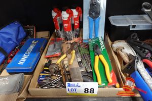 88 · TRAY OF HAND TOOLS, INCLUDES: WURTH SUPER BLACK SILICONE MARVEL LINEMAN'S PLIERS MODEL: MM100, JOSCO TUBE BRUSHES, HEX KEYS, CRIMPING TOOL, ALLEN KEYS, WIRE CRIMPER TOOL WITH BLUE HANDLES (PACKAGED), VARIOUS DRILL BITS AND OTHERS (MIXED CONDITION, SOME PACKAGED)