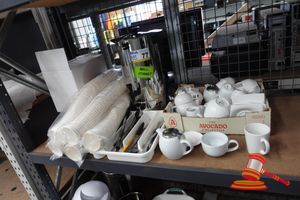 Assorted Catering Goods, Includes: 50l Stainless Steel Hot Water Urn, Approx 250 X Disposable Cups, Approx 20 X White Ceramic Mugs, 3 X White Ceramic Teapots, Assorted Utensils And Glasses, Some Marks , Untested