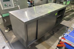 48 · BRAYCO STAINLESS STEEL MOBILE CABINET WITH 2 X SLIDING DOORS. APPROX; 2M W X 70CM D X 80CM H. SOME MARKS, CORROSION SPOTS ON REAR PANEL