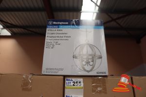 255 · WESTINGHOUSE 3 LIGHT CHANDELIER, BRUSHED NICKEL FINISH, HEIGHT: 17.28", DIAMETER: 15.14", CHAIN: 36", WIRE: 36", CODE: 6341935